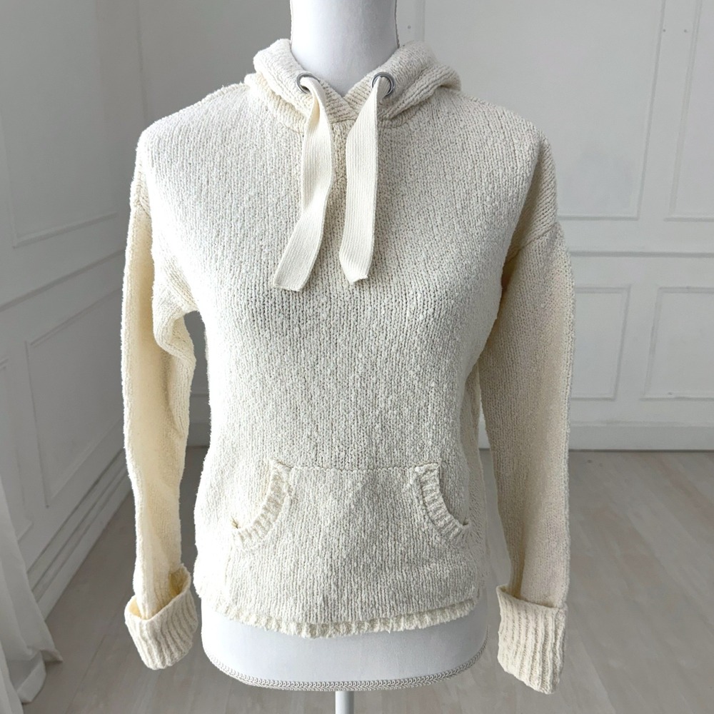 Ruby Moon Knit Hoodie Women Small Cream Textured Cotton Blend Long Sleeve Pocket
